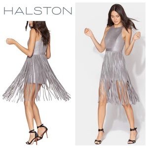 HALSTON HERITAGE Metallic Faux Suede Fringed Dress